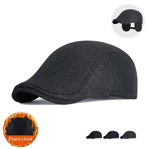Mens Winter Flat Cap Ear Protection Fleece Lined Thick Twill Ivy Duckbill Hat Windproof Outdoor Warm