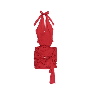 Detailed flat lay of red halter neck dress featuring ruched design and waist cut-out