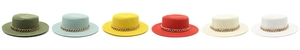 Flat top boater hats in six colors featuring decorative gold chunky chain details