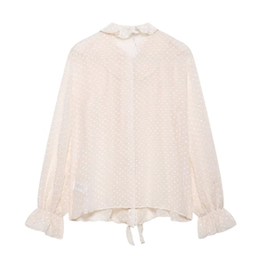 Elegant white chiffon long sleeve blouse with ruffle collar and polka dot texture