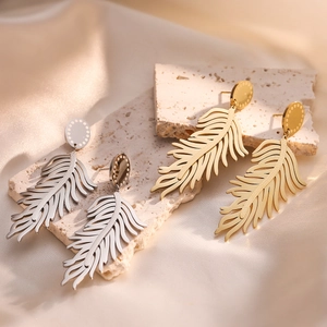 Retro Hollow Leaf Drop Earrings For Women Stainless Steel Gold Plated Punk Statement Geometric Jewelry