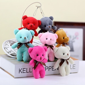 Colorful mini teddy bear plush pendants with Love ribbons shown in a group setting