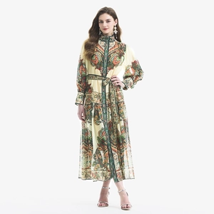 Retro paisley lantern sleeve dress with floral print and drawstring waist in beige