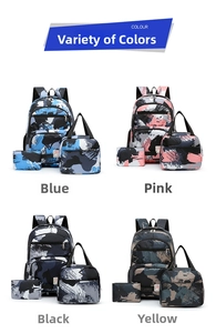 Three-piece school bag set featuring backpack, lunch box and pencil case in four colors