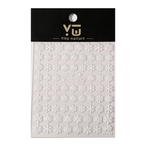 3D white snowflake nail art stickers with embossed texture and self-adhesive backing