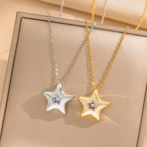 Pentagram Star Pendant Necklace Titanium Steel 18K Gold Plated Tiny Zircon Minimalist Geometric Jewelry For Women