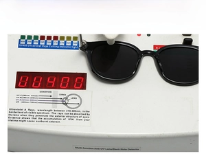 Close-up of black square sunglasses on UV400 test device showing ultraviolet protection