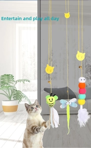 Hanging cat toy set featuring bee, dragonfly, and feather pompom with elastic bell ropes