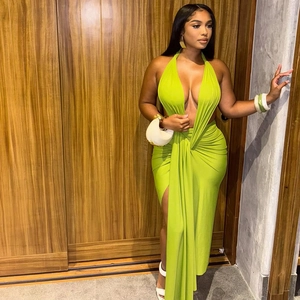 Robe Maxi Dos Nu Col En V Profond Dos Nu Fente Haute Moulante Sans Manches Couleur Unie Sexy Fête Clubwear Pour Femmes