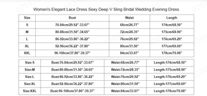 Detailed size chart for lace bridal wedding dress with bust, waist, and length measurements