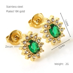 Detailed view of 18K gold plated stainless steel sunflower studs with green zircon