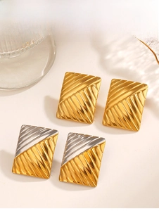 Macro shot of rectangular stainless steel earrings with textured diagonal stripes