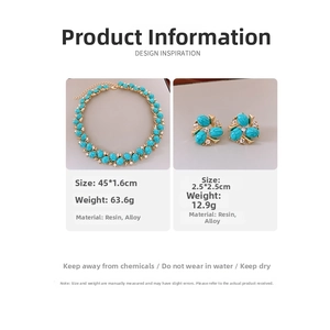 Detailed size and weight specs for vintage turquoise resin necklace and earrings set