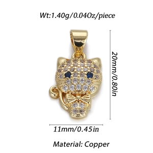 Detailed view of a gold cat pendant with cubic zirconia eyes and dimensions shown