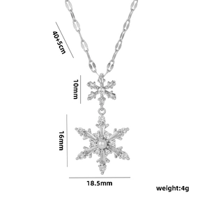 Titanium steel snowflake necklace with cubic zirconia and pearl, chain length 40+5cm