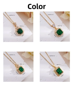 Detailed comparison of four emerald green gemstone pendants with vintage gold chain designs
