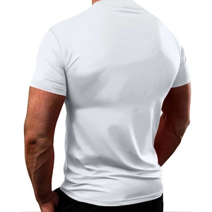 Rear view of white men's short sleeve T-shirt showing slim fit cut and fabric texture
