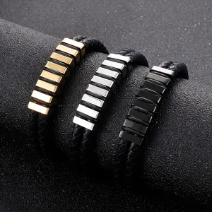 Layered Braided Leather Bracelet For Men With Stainless Steel Magnetic Buckle Industrial Geometric Style