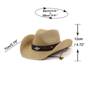 Ethnic straw cowboy hat for sun protection with leather band and adjustable chin strap