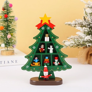 Detailed view of DIY wooden Christmas tree with miniature Santa and snowman ornaments