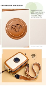 Detail of color-block camera bag featuring brown wide fabric strap and golden hardware