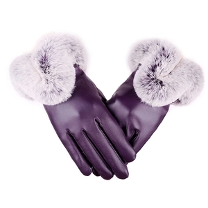 Lila Touchscreen-Handschuhe aus PU-Leder mit grauem Pelzbesatz und warmem Futter