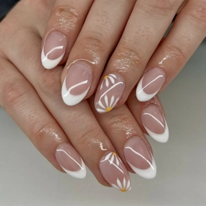 French Tip Press On Nails White Daisy Flower Pattern Almond Shape Glossy Nude Pink False Nail Tips For Women Daily Wear