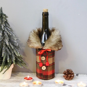Christmas red plaid wine bottle cover with faux fur collar and wood buttons