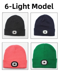 Detailed grid of 6-LED knit beanies in four colors with integrated headlamp feature