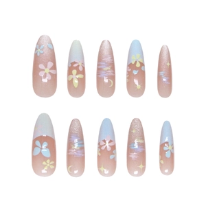 Handmade almond press-on nails with colorful floral graffiti and glitter cat-eye finish