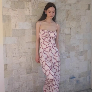Slim fit floral slip dress for women in light pink with adjustable drawstring chest detail