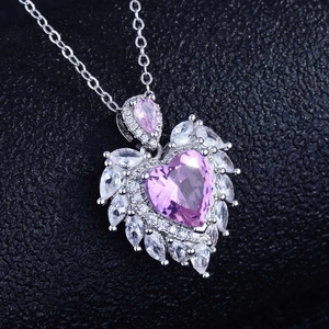 Luxury heart-shaped pink zircon angel wing pendant necklace with silver chain