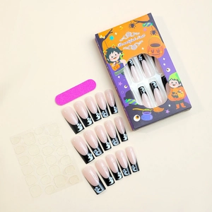 Halloween coffin fake nails with pink and black ghost designs including 24 tips and tools