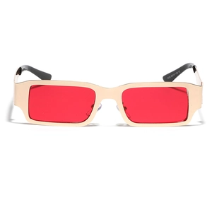 Rectangle metal sunglasses with gold frame and red lenses for a trendy street style
