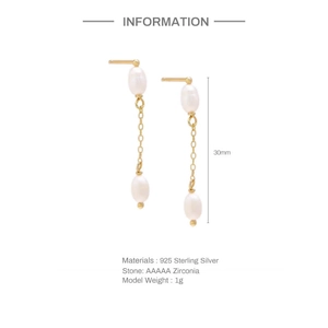 Elegant 925 sterling silver tassel drop earrings with white pearls and gold finish