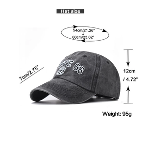 Detailed size chart for the Route 66 washed cotton baseball cap with measurements