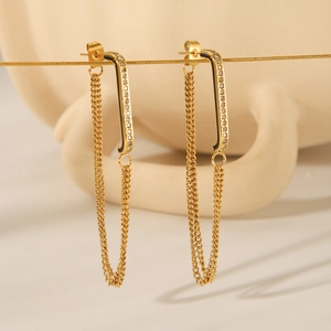 Long Tassel Earrings Stainless Steel 18K Gold Plated Chain Geometric Rectangle Zircon Black Enamel Jewelry For Women