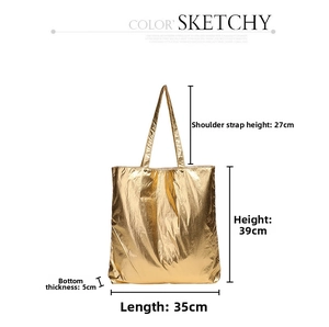 Detailed dimension guide for the metallic gold tote bag showing height width and depth