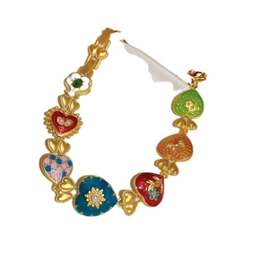 Vintage style gold heart necklace with colorful enamel charms and faux pearls