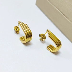 Minimalist 18K gold plated stainless steel triple-line C-shape hoop earrings for women