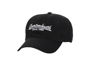 Close-up of white Dartmouth Since 1993 embroidery on a black cotton baseball cap