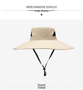 Detail view of beige sun hat featuring breathable mesh vents and adjustable wind cord