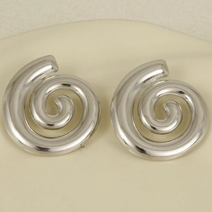 Detail view of silver spiral snail stud earrings made of 304 stainless steel on white back