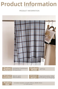 Detail view showing blue plaid cashmere-like scarf with tassels and size specifications