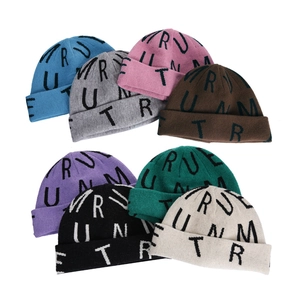Knitted Beanie Hat Acrylic Letter Jacquard Cuffed Winter Warm Streetwear Casual Cap For Men Women Unisex