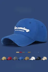 Detail of blue distressed baseball cap with 3D SWORDSMAN embroidery and 8 color options
