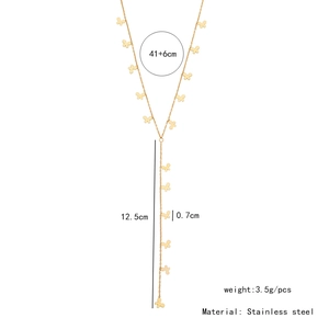 Détails du collier en Y doré avec papillons comprenant les dimensions et spécifications
