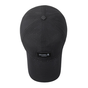 Breathable black outdoor sports baseball cap with mesh fabric and brand label