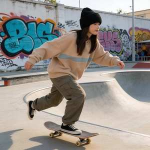 Teenager in khaki hoodie and cargo pants skating on a street style outdoor skatepark