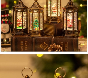 Macro detail of bronze Christmas lantern with Santa scene and swirling glitter interior